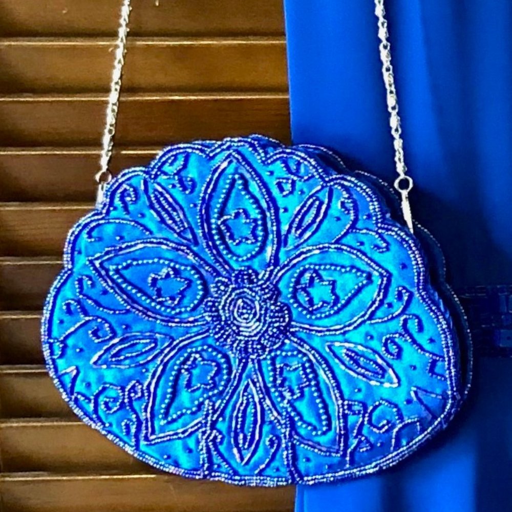Bijoux Terner Blue Embellished Beaded Clutch/Shoulder Evening Purse
